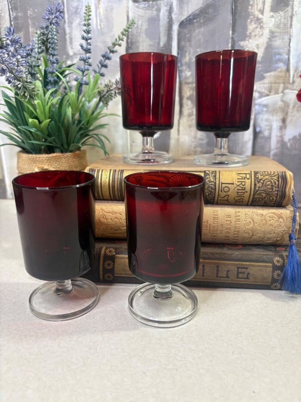 Luminarc Arcoroc Cavalier Ruby Red Cordial Juice Glasses Vintage 4" Set of Four